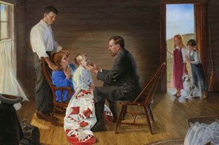 Painting depicting Andrew Taylor Still, DO, treating child, with family behind her