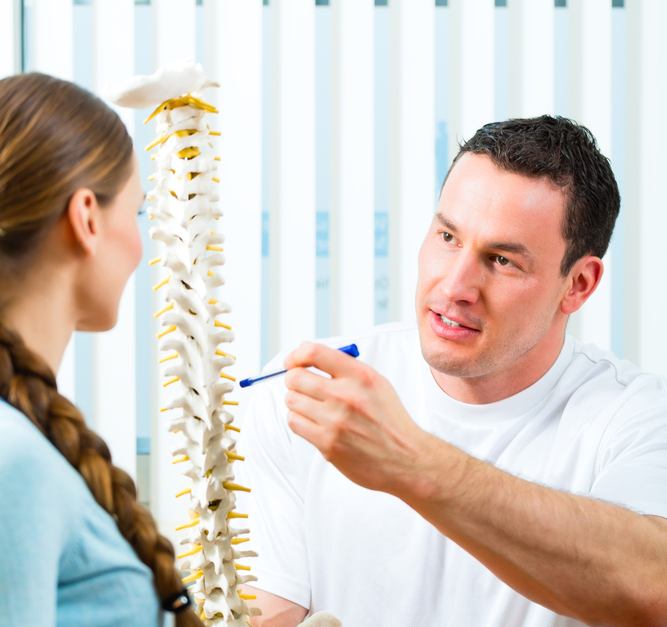 Male looking at 3d model of a spine