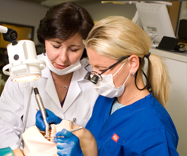 Male and female doctors wearing white lab coats and examining an x-ray.