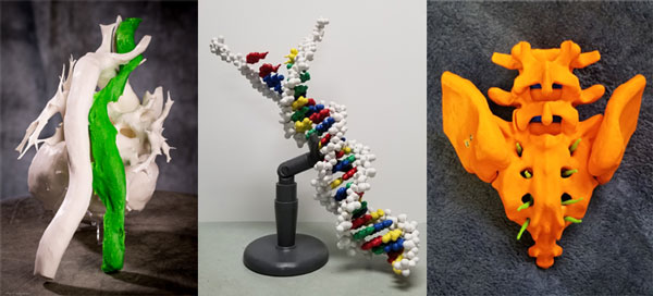 examples of 3D printing items done by ATSU's 3D print shop