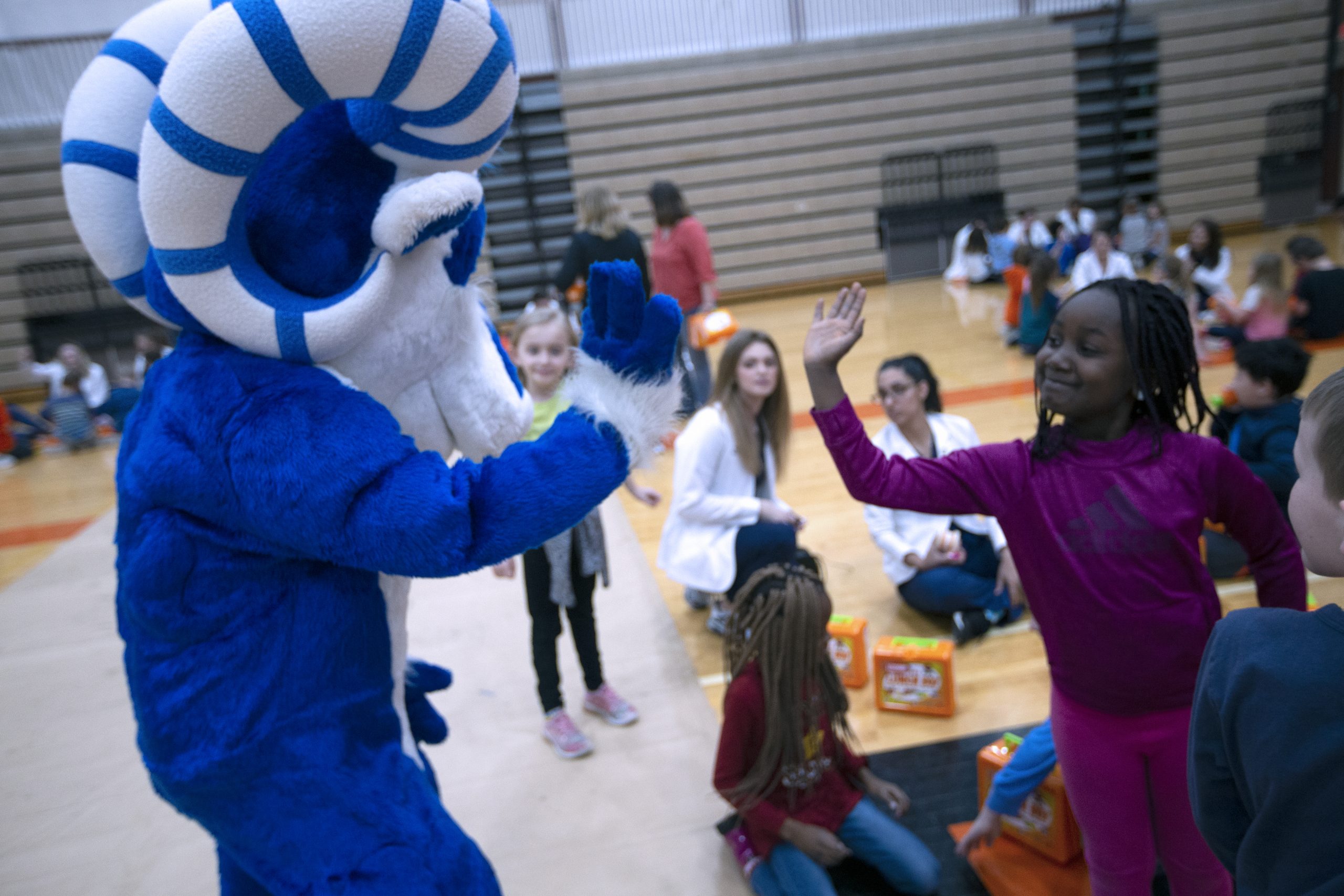 Bucky greets a Kirksville Primary School student