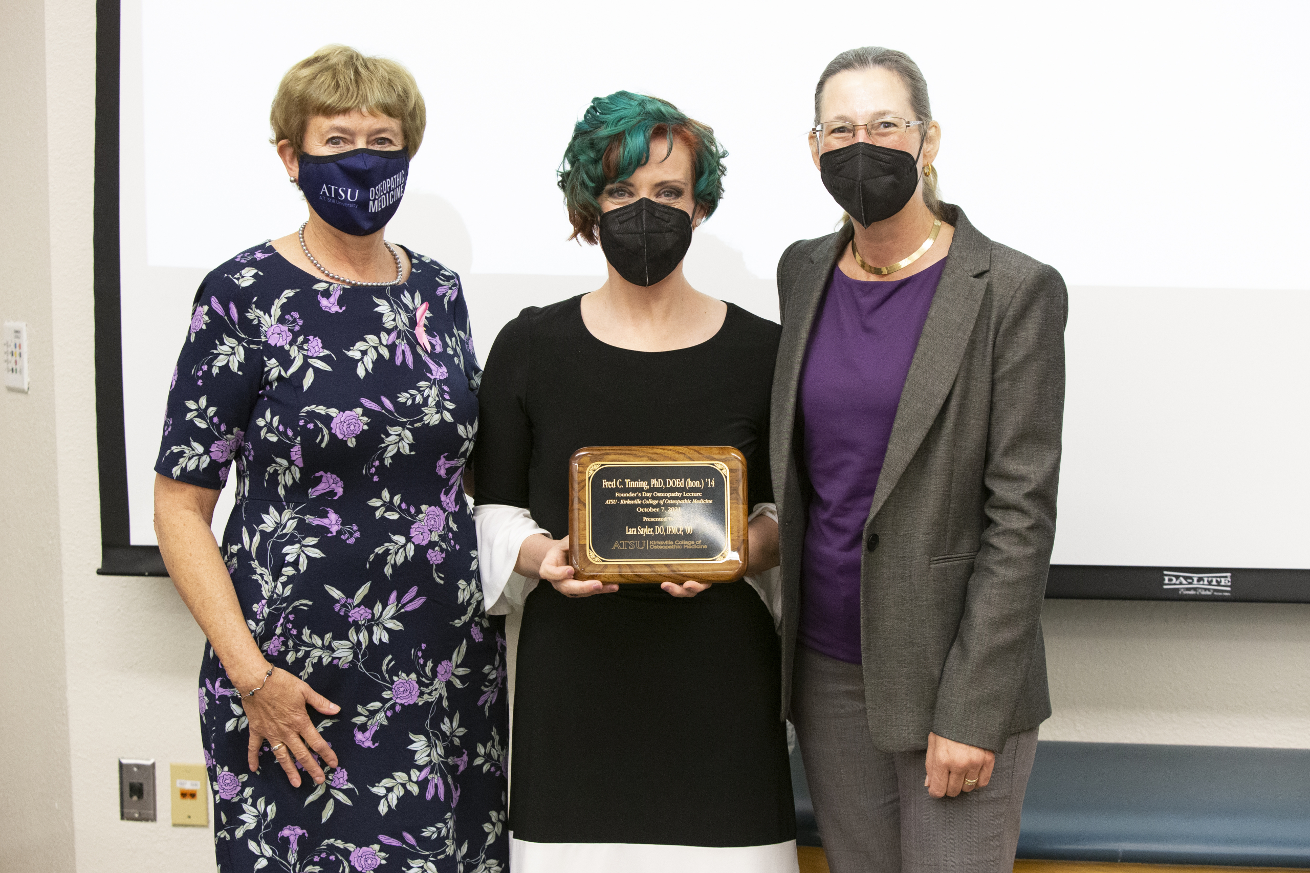 ATSU-KCOM alumna Lara Salyer, DO, IFMCP, ’00, delivered the annual Fred C. Tinning, PhD, DOEd (hon.), ’14, Founder’s Day Osteopathic Lecture. Dr. Salyer, center, is pictured with ATSU-KCOM Dean Margaret Wilson, DO, '82, and Assistant Dean Karen Snider, DO, FAAO, FNAOME.