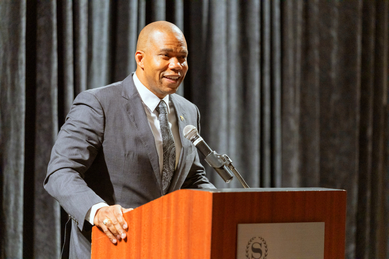 Dr. John Thurman speaks during a ceremony where he was named Iowa Family Physician of the Year. 