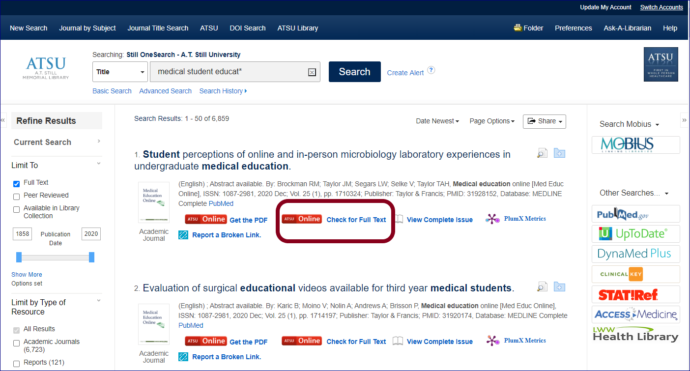 A snapshot view of sample search results with the “Check for Full Text” option circled for quick access from the results list.