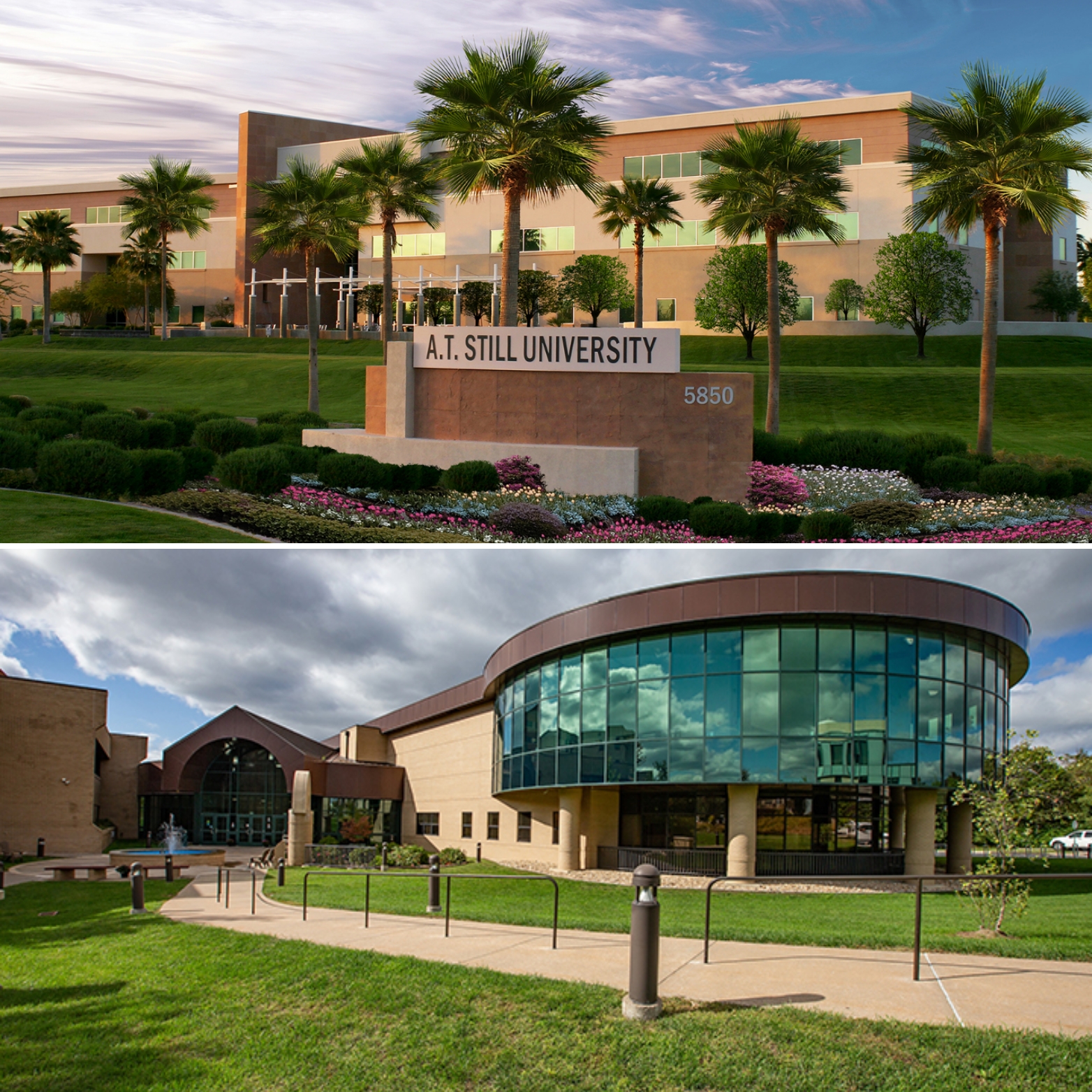 A pair of images showing ATSU's campuses in Arizona and Kirksville. Palm trees are visible in front of the building in the Arizona photo.