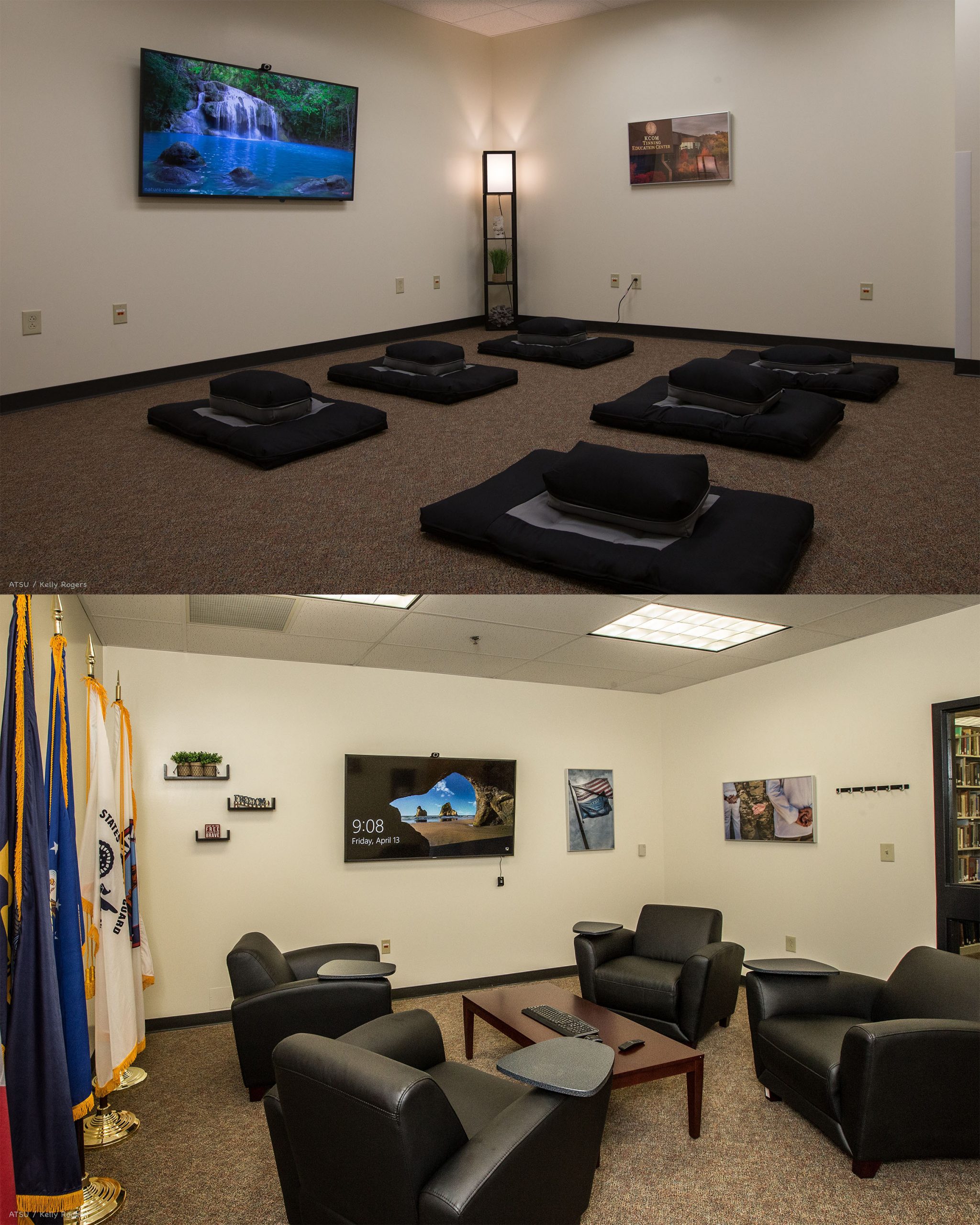 Meditation and Reflection Room pictured on top, and Military and Veteran Room pictured on bottom.