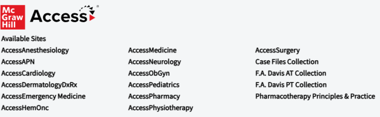 screenshot of a listing of available McGraw Hill databases with a red square logo white McGraw Hill in white in the upper left corner.