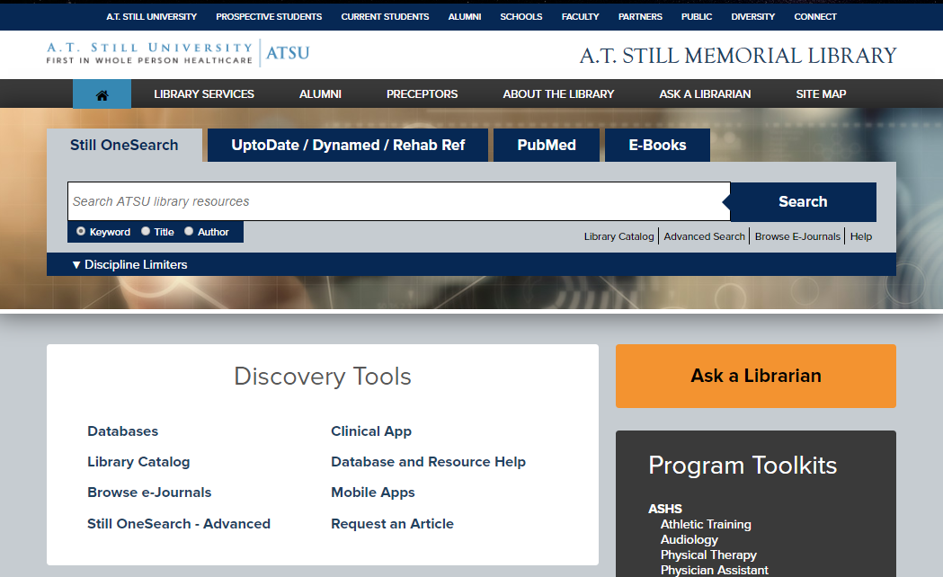 Screen capture of the A.T. Still Memorial Library's new website