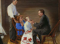 Painting depicting Andrew Taylor Still, DO, treating child, with family behind her